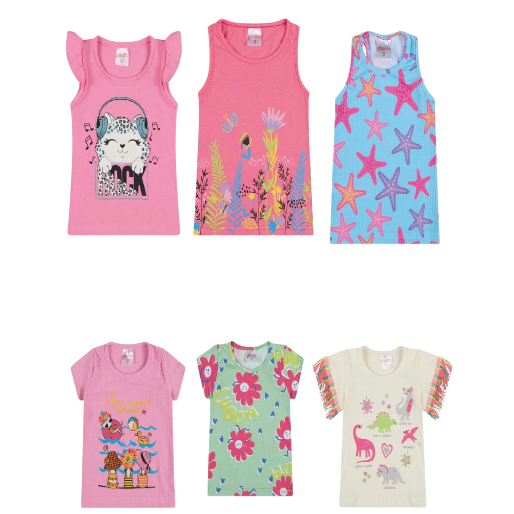 Kit 3 Blusinhas Avulsas Feminina Infantil Estampada Colorida