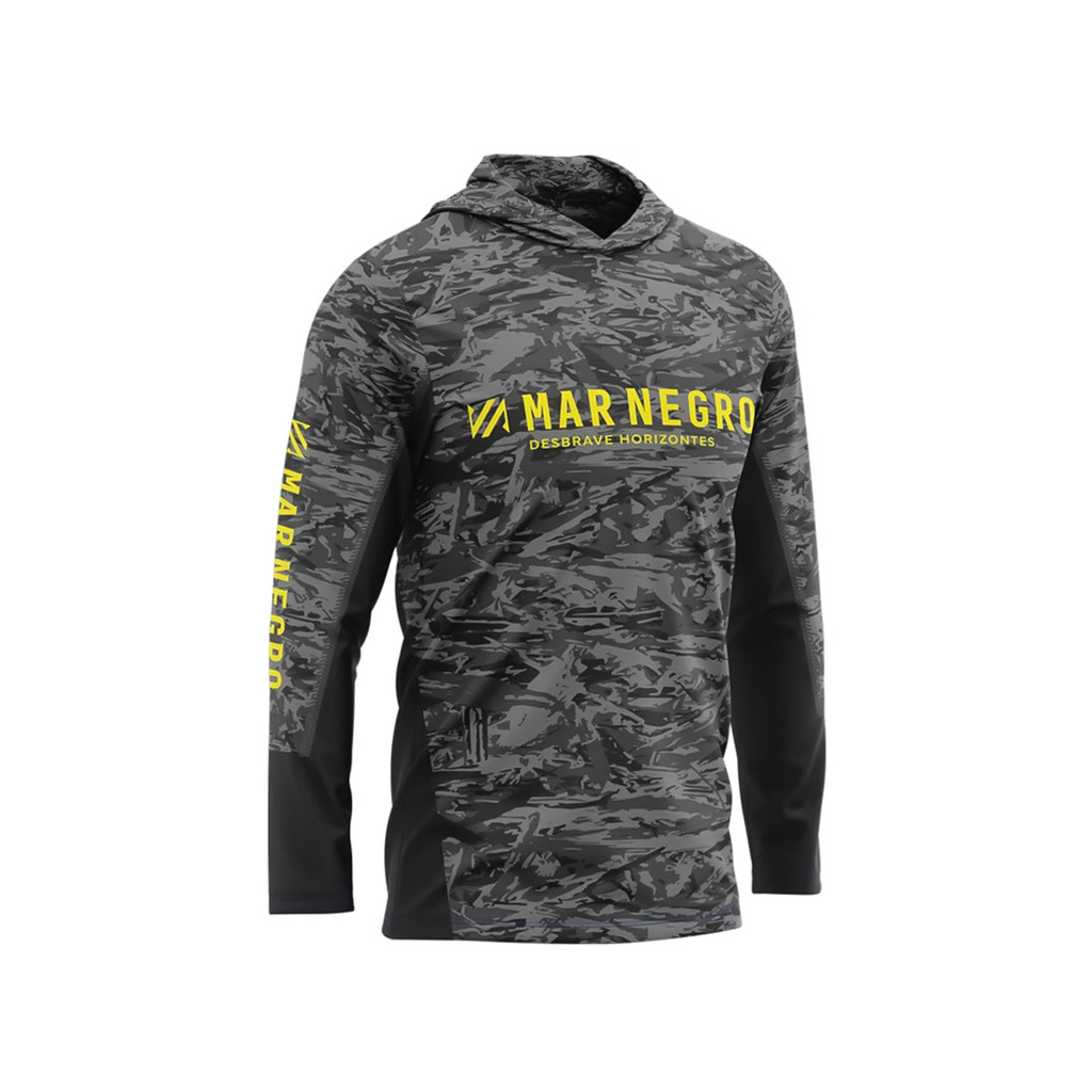 Camiseta de Pesca Mar Negro X Protection Sublimada Com Capuz Proteção Solar 50+ UV - Camuflada Chumbo