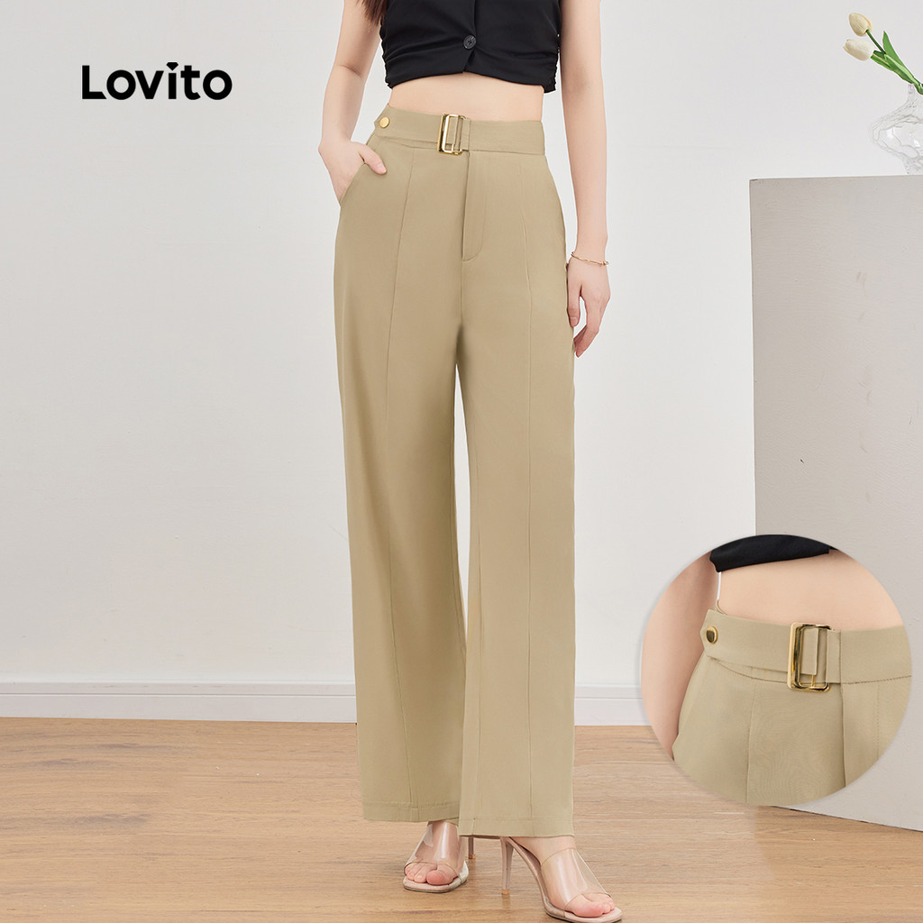 Lovito Calça Casual De Metal Plissada Verão/Primavera Com Cinto Para Mulheres L129AD1021 - Women Clothes
