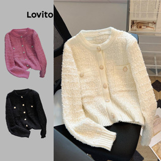 Lovito Cardigans elegantes de bolso com botão liso para mulheres LNL51006