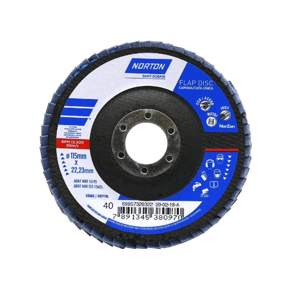 Disco Flap Fibra R822 Original 115X22.23mm Vários Grãos (Kit c/ 10) Norton