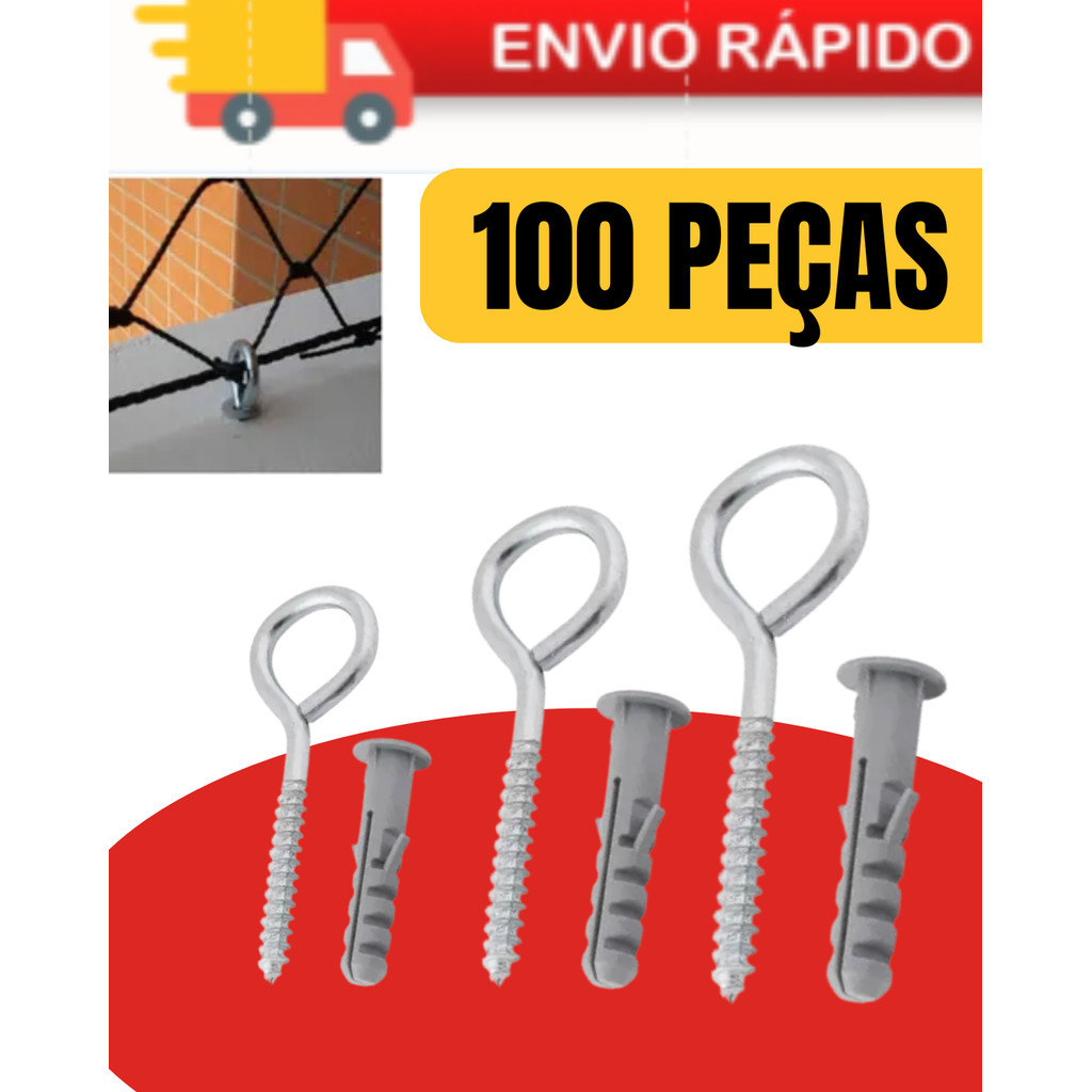 Gancho Fechado Pitão e Bucha para Fixação de 6, 8 ou 10 mm - 100 peças P/PROTEÇÃO TELA