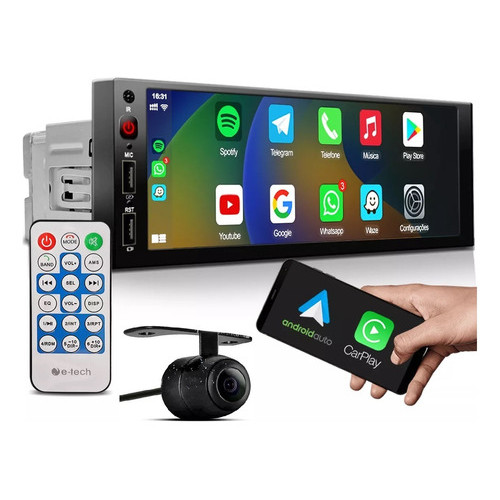 Multimídia 1 Din 6 Android Auto Apple Carplay Câmera de Ré