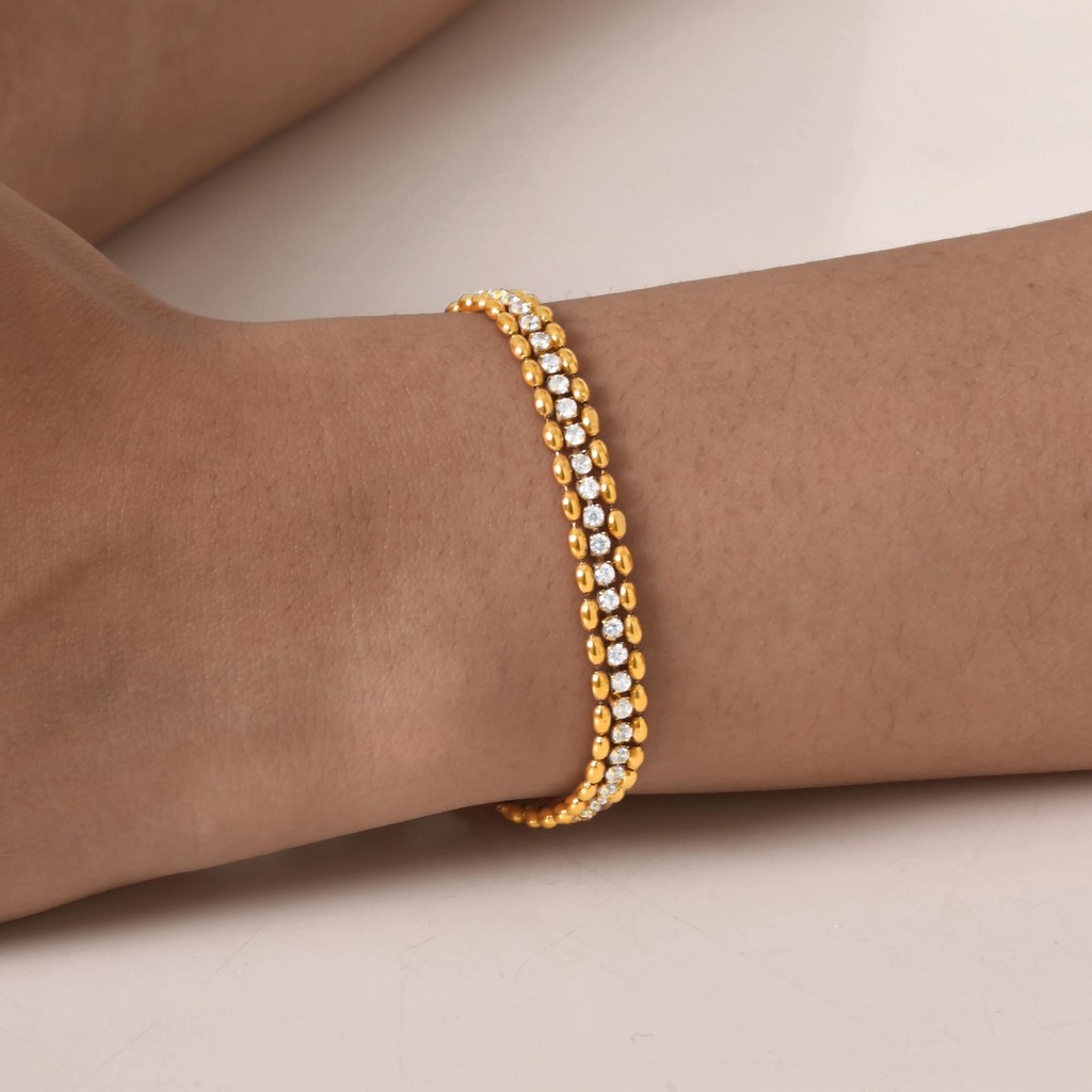 Detalhes do Pulseira De Corrente De Elo Cúbico De Zircônia Branca Com Contas De Azeitona De Fileira Dupla Vnox Para Mulheres , Aço I
