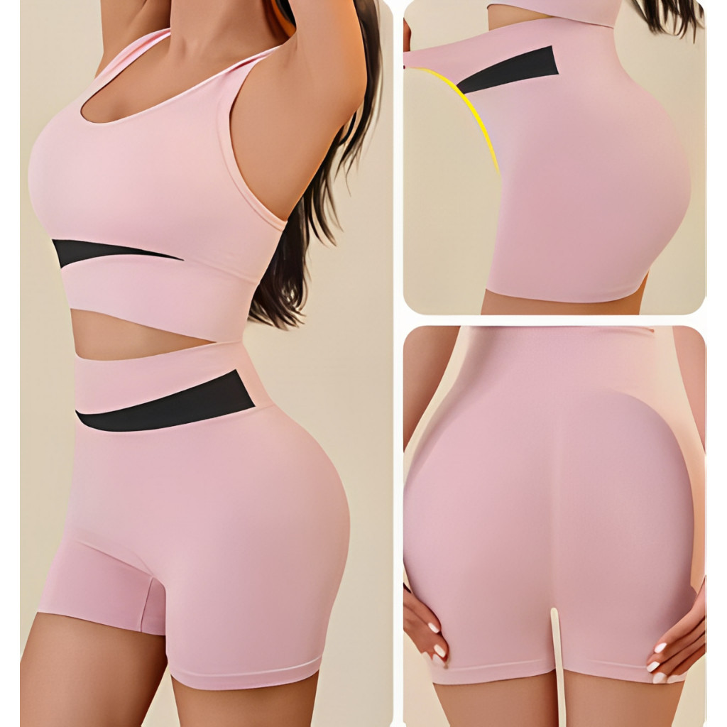 Conjunto Academia Fitness Feminino Leggings 1 Top 1 Shorts Levanta Bumbum Sem Costura E Bojo