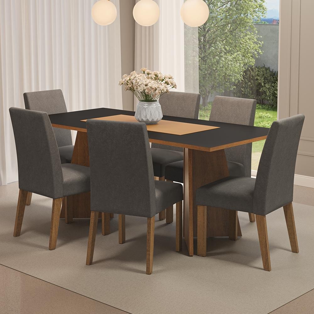Conjunto Sala de Jantar Mesa Tampo de Madeira 6 Cadeiras Simone Madesa
