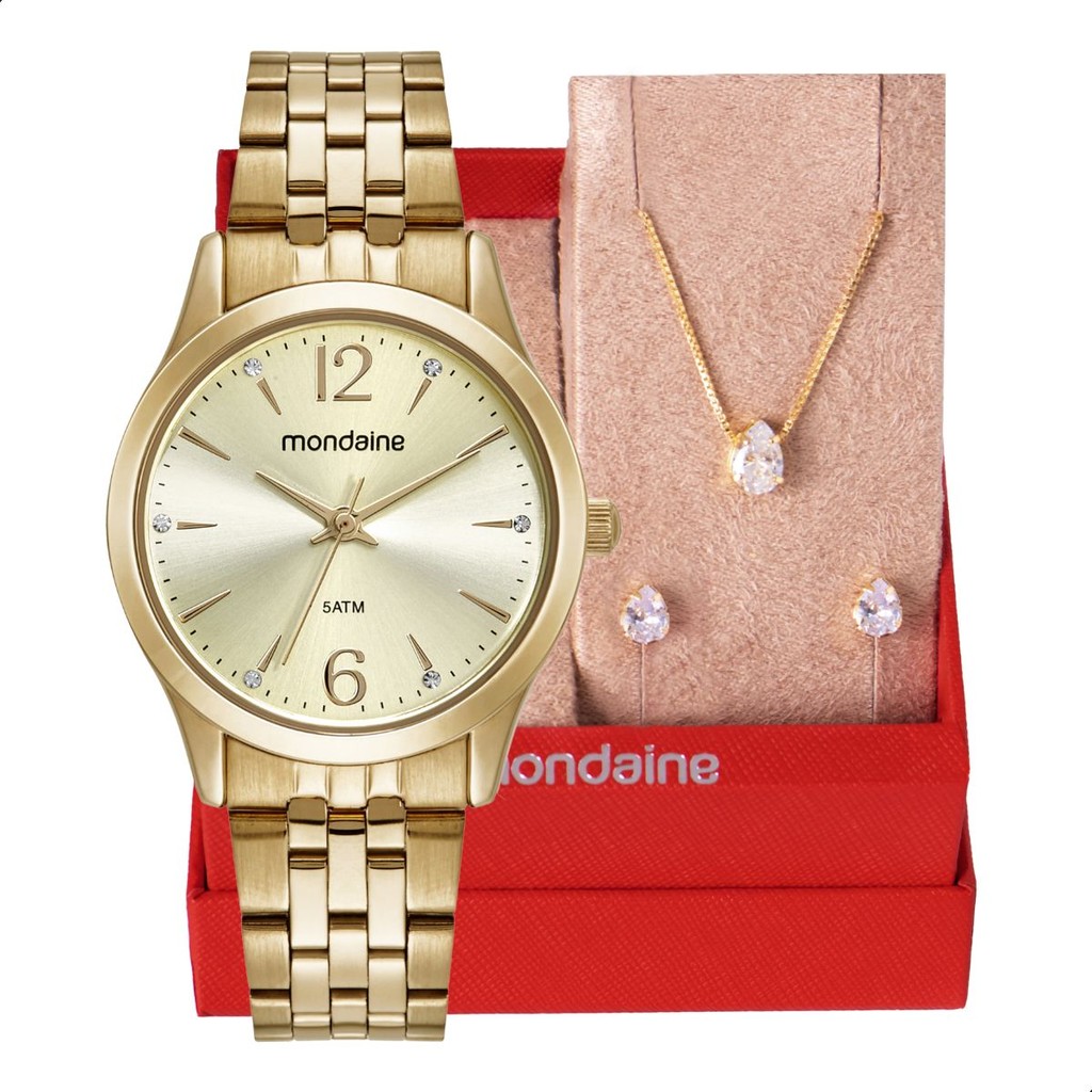 Relógio Feminino Mondaine Dourado Pequeno 32606LPMKDE1K4 + Colar e Brincos em Oferta na Shopee