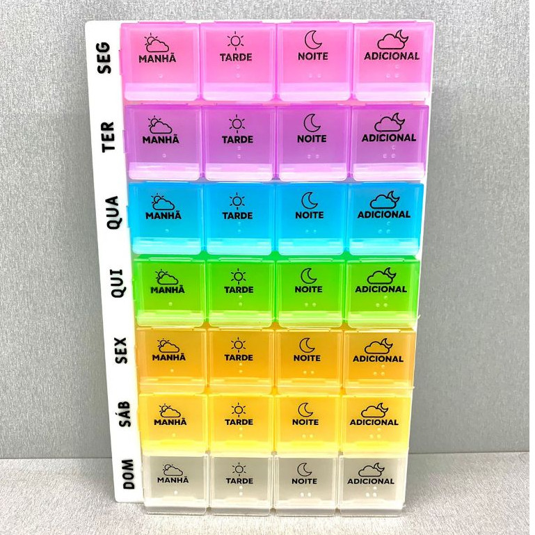 Porta Comprimidos 11x18cm Semanal Com 28 Compartimentos Multicoloridos Para Remédios Prático E Útil