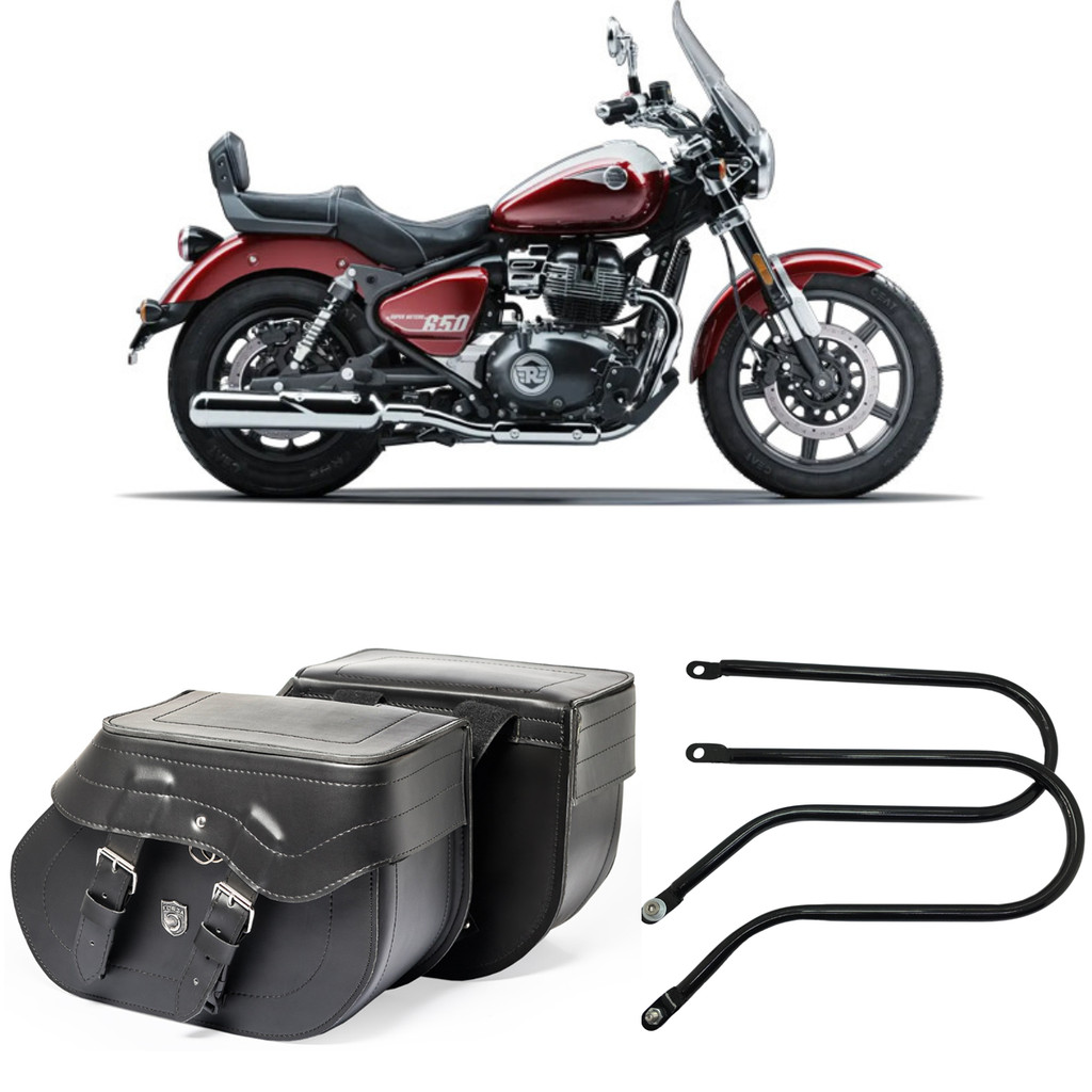 Bolsa Alforge Mala Baú Lateral 60 litros Para Moto Custom + Afastador Royal Enfield Super Meteor 650
