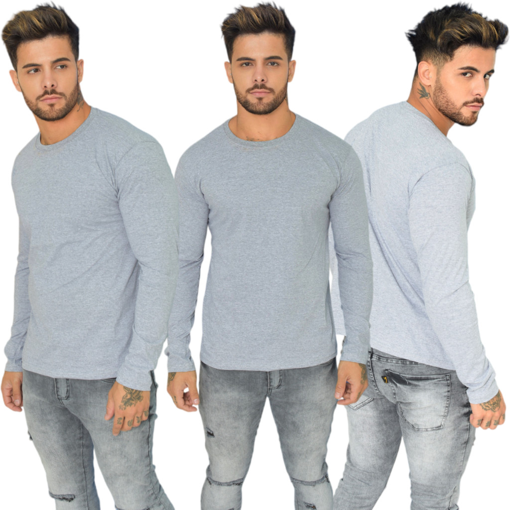 KIT 3 Camisa Manga Longa 100% Algodão Premium Slim Fit