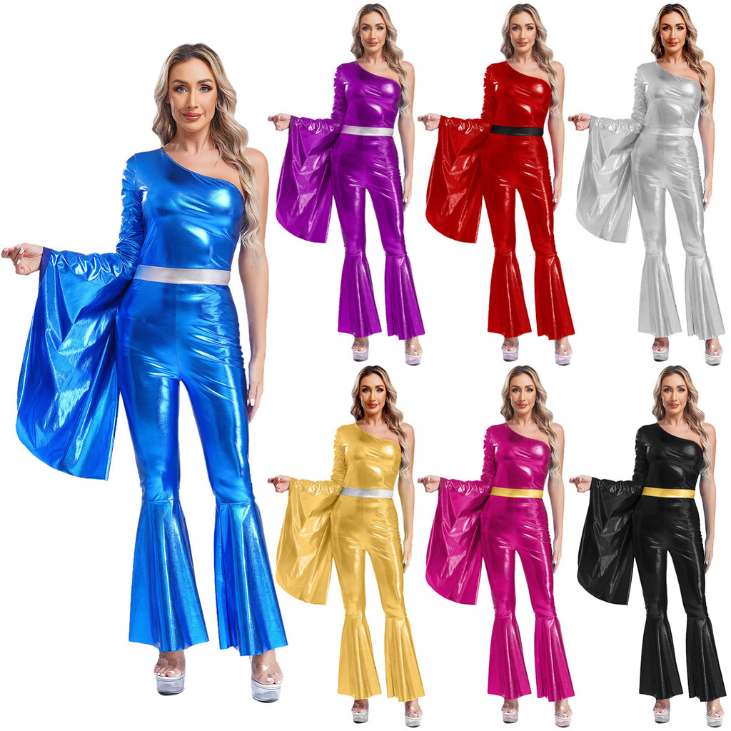 Yeahdor Feminino 70s Discoteca Dança Traje Um Ombro Único Manga Longa Bodysuit Queimado Sino Brilhante Metálico Funky Da
