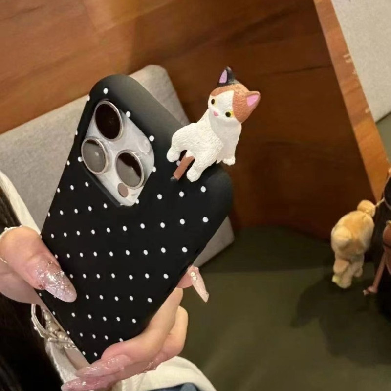 Para IPhone 16 15 14 13 12 11 Pro Max X XR XS 7 8 Plus Dos Desenhos Animados Bonito 3D Gato Bolinhas Couro Caso De Telef