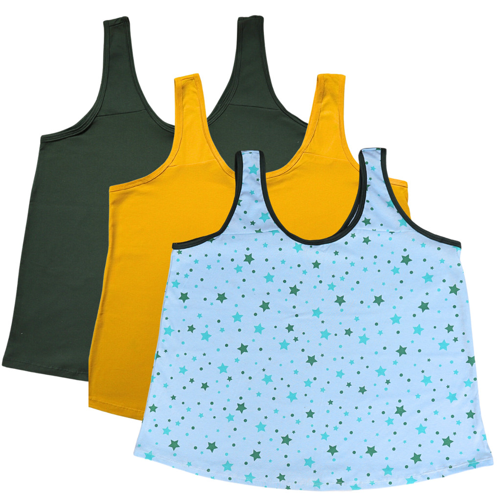 Kit 3 Regata de Pijama Plus Size  2 Lisa 1 Estampada Algodão Macio Confortavel