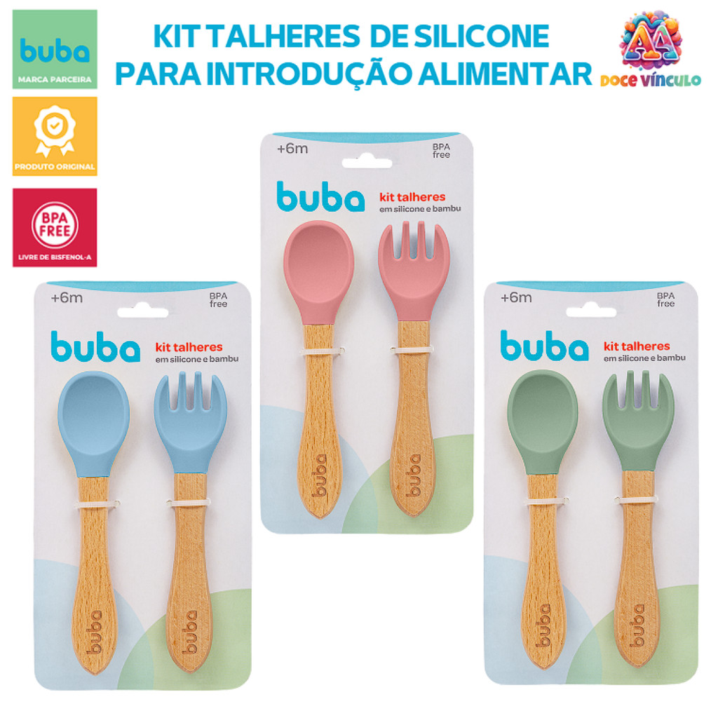 Kit Talheres Colher e Garfo Silicone e Bambu Para Introdução Alimentar Bebê - Buba