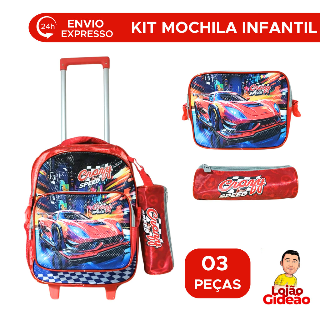 Kit Mochila Escolar Infantil Com Rodinha Carros C/ Estojo E Lancheira Para Menino Ensino Fundamental