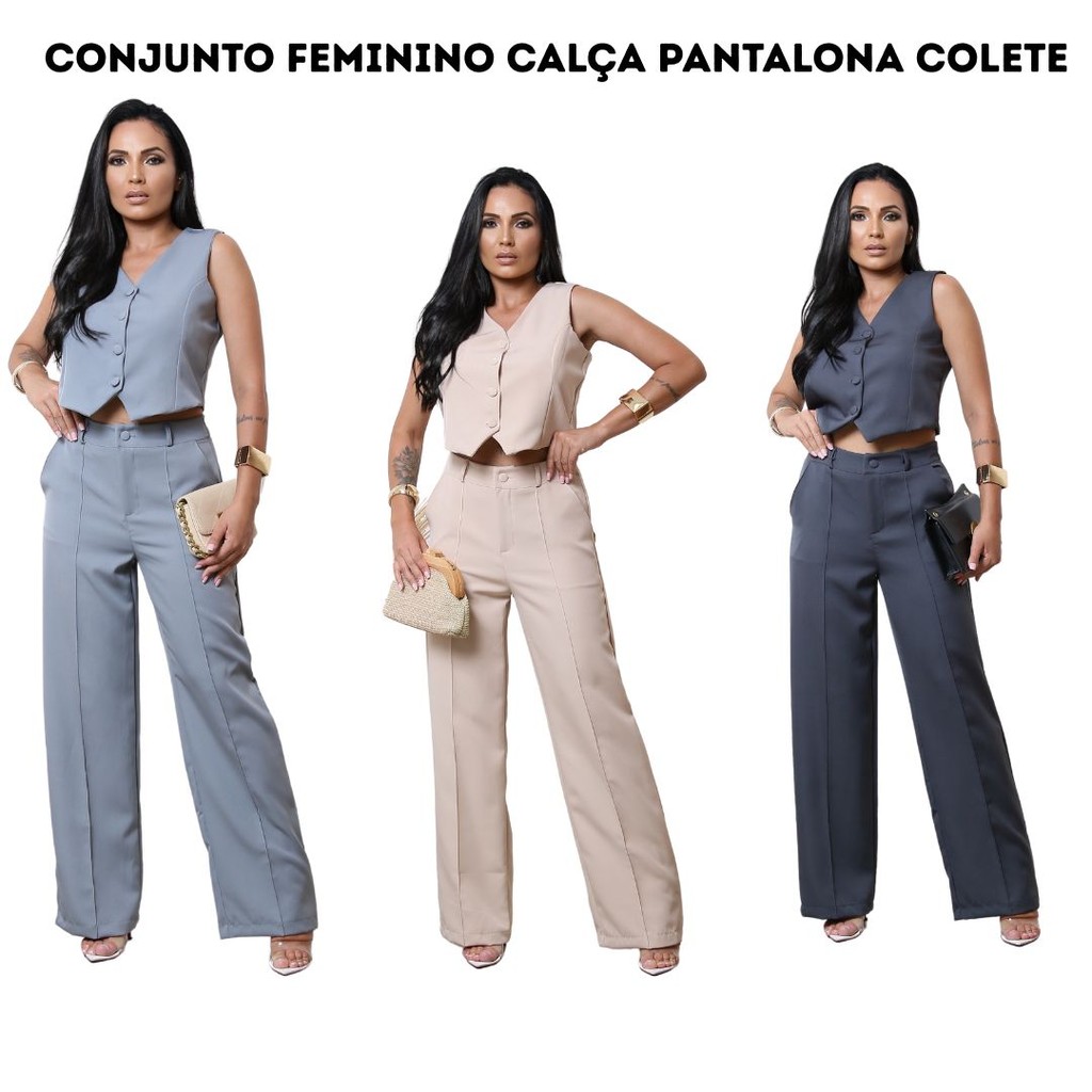 Conjunto Feminino Calça Pantalona Colete Casual Elegante Data Festa Original