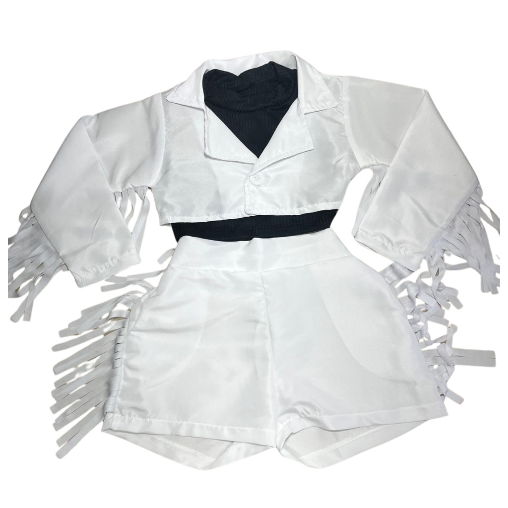 Conjunto Infantil Boiadeira Ana Castela Country Branco com Franjas  e Cropped Preto