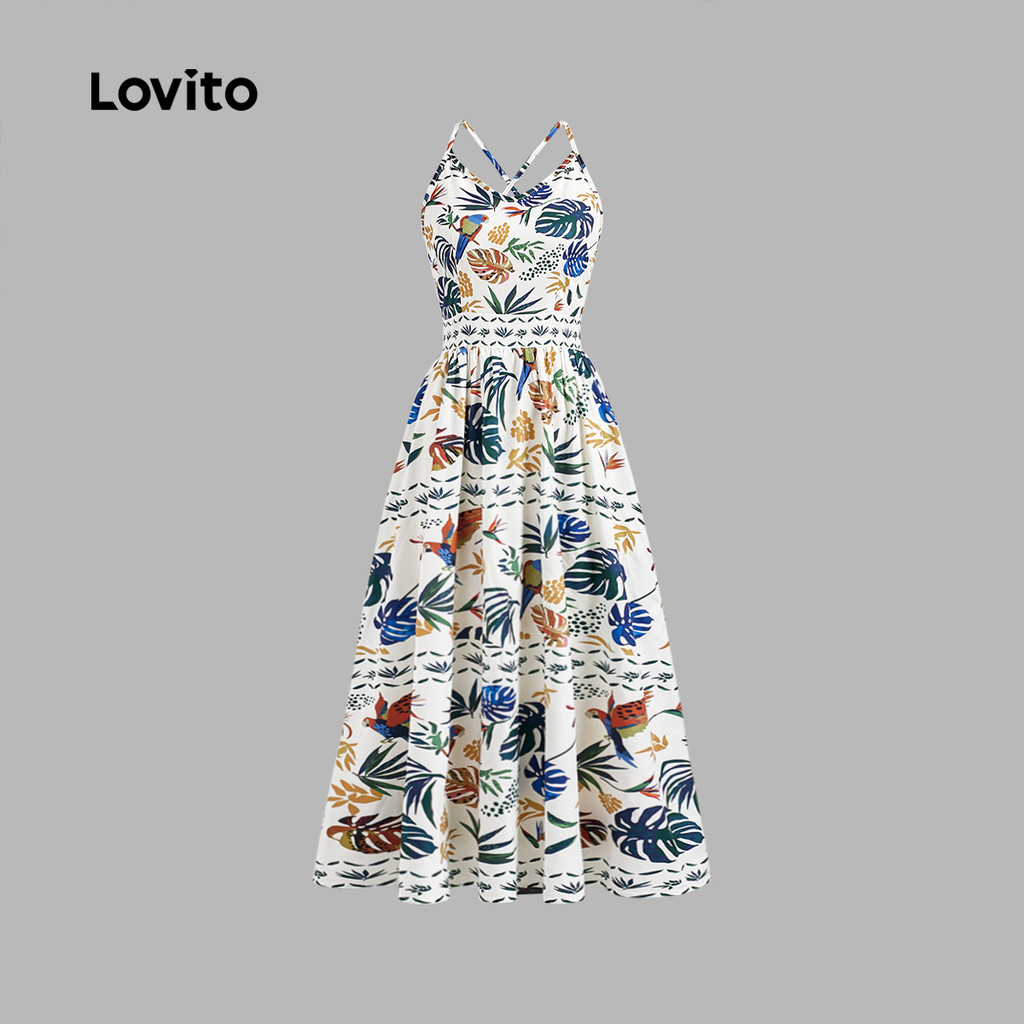 Lovito Vestido Boho Plants Criss Cross para mulheres LBL22480 - Women Clothes