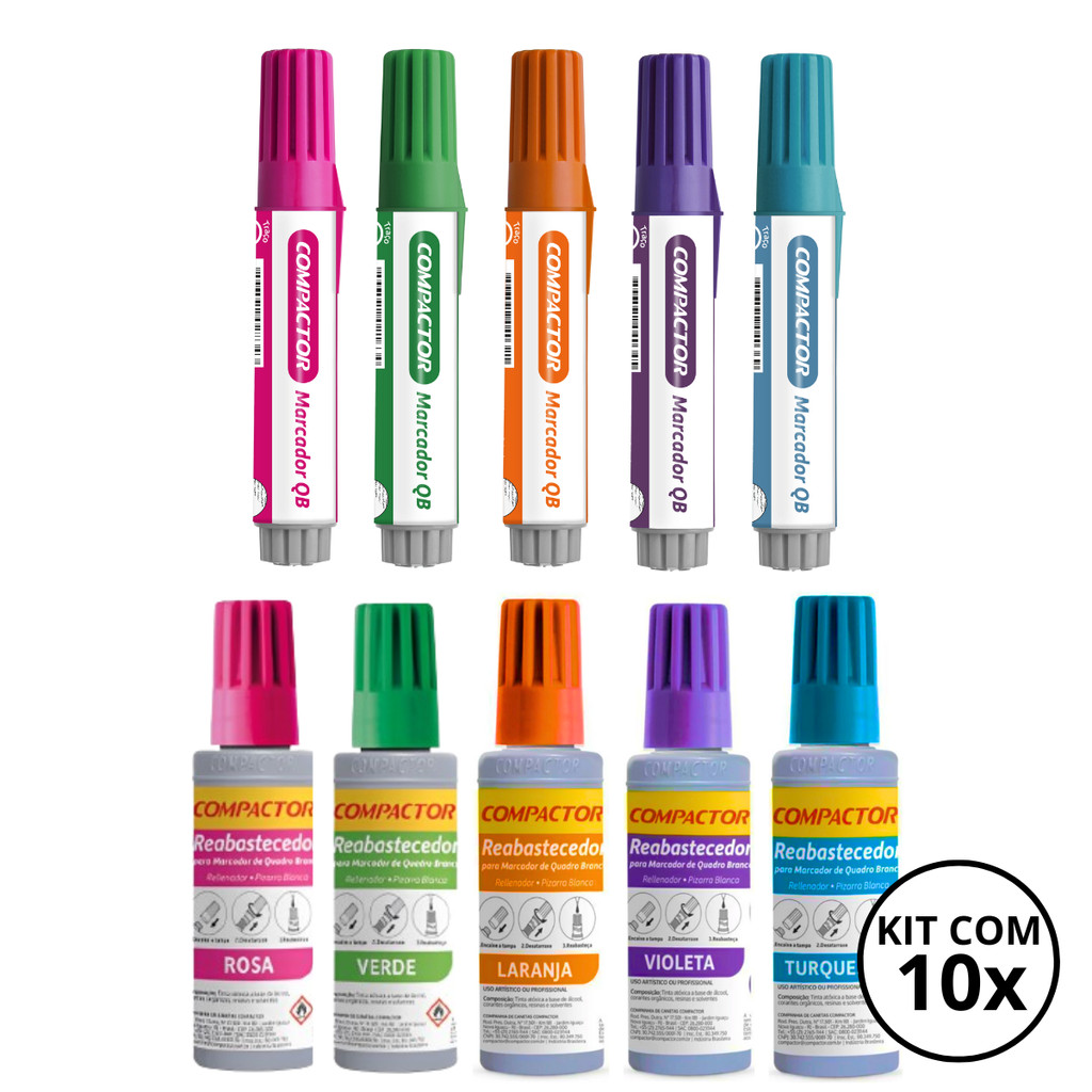 Kit Com 5 Marcadores de Quadro Branco + 5 Reabastecedores - COMPACTOR COR:KIT4 em Oferta na Shopee