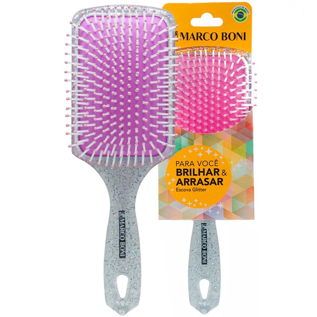 Escova de Cabelo Glitter Raquete Nylon Pin Marco Boni Profissional Prata Uso Diário 7691