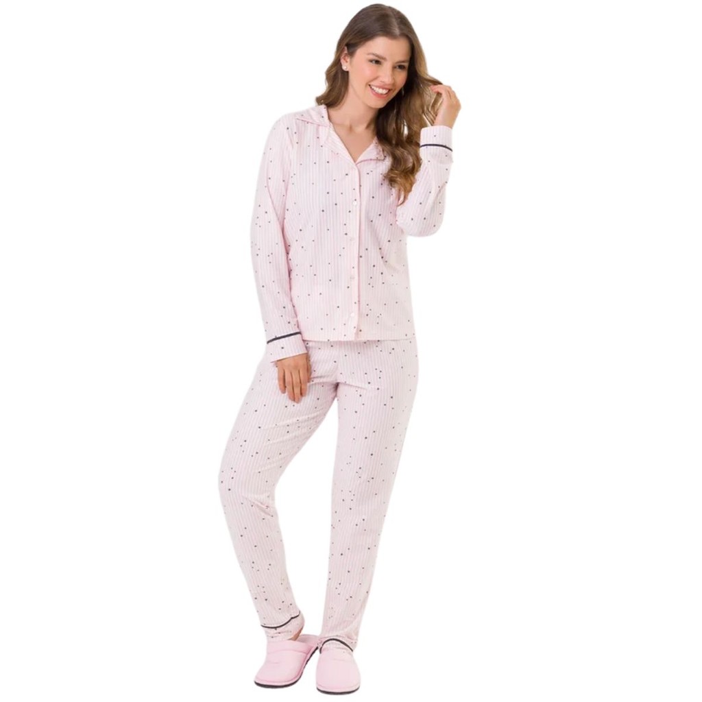 Pijama Americano Outono Inverno Longo Confortável Bela Notte Pós Parto Mãe Cirugia Cirurgico Botão