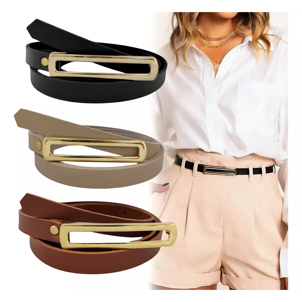 Kit 3 Cintos Fino De Couro Fake Com Dourado Feminino