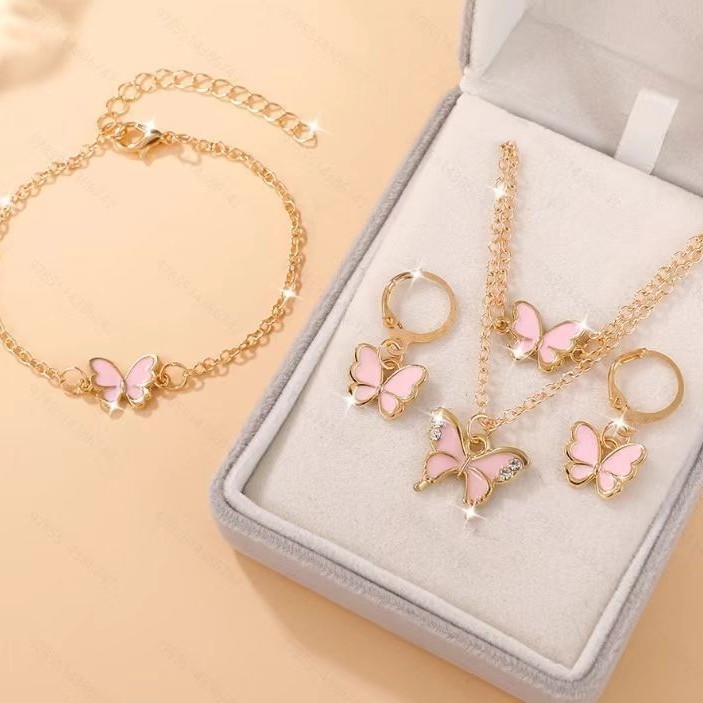 Crianças pérola colar rosa borboleta pingente pulseira menina brincos conjunto de jóias