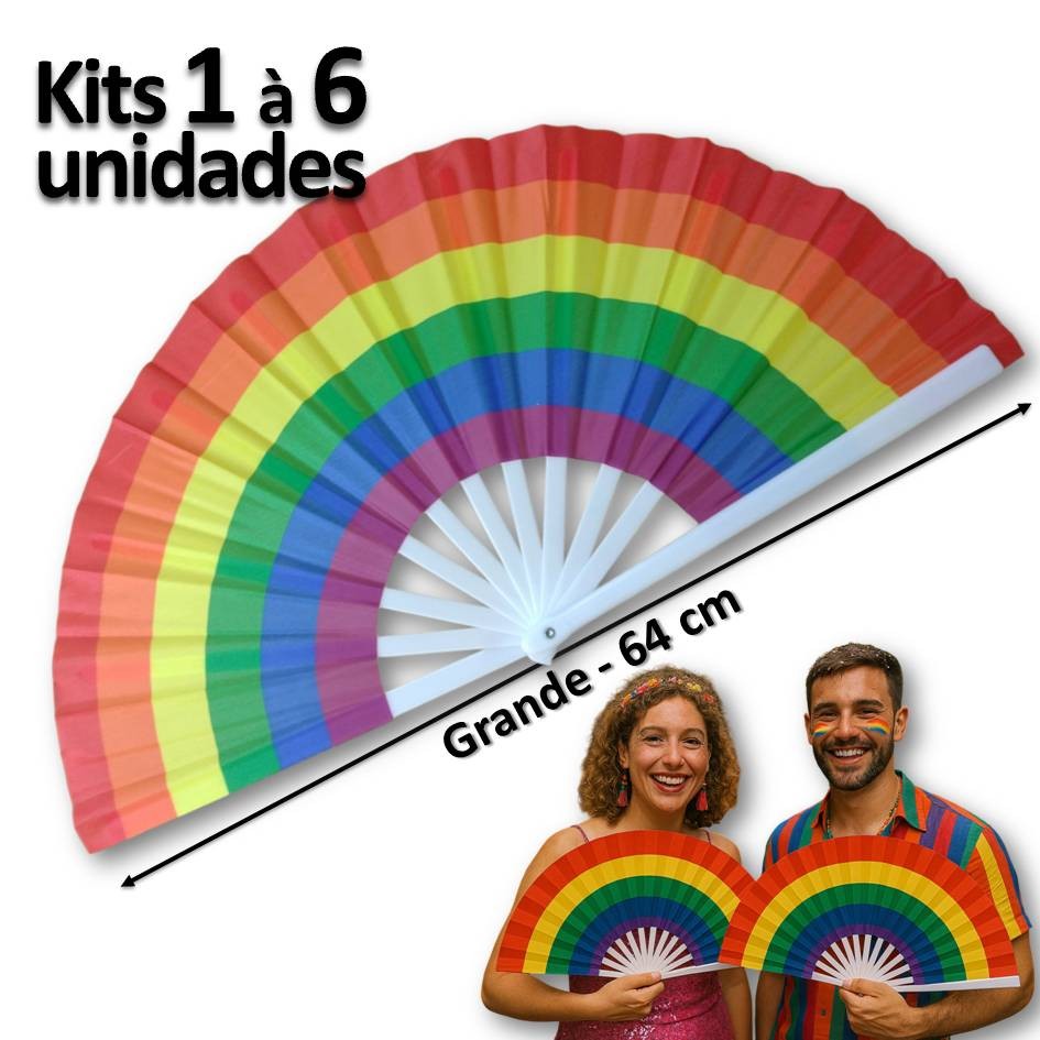 Kits 1 à 6 Leques Grande Colorido Arco Iris 64cm