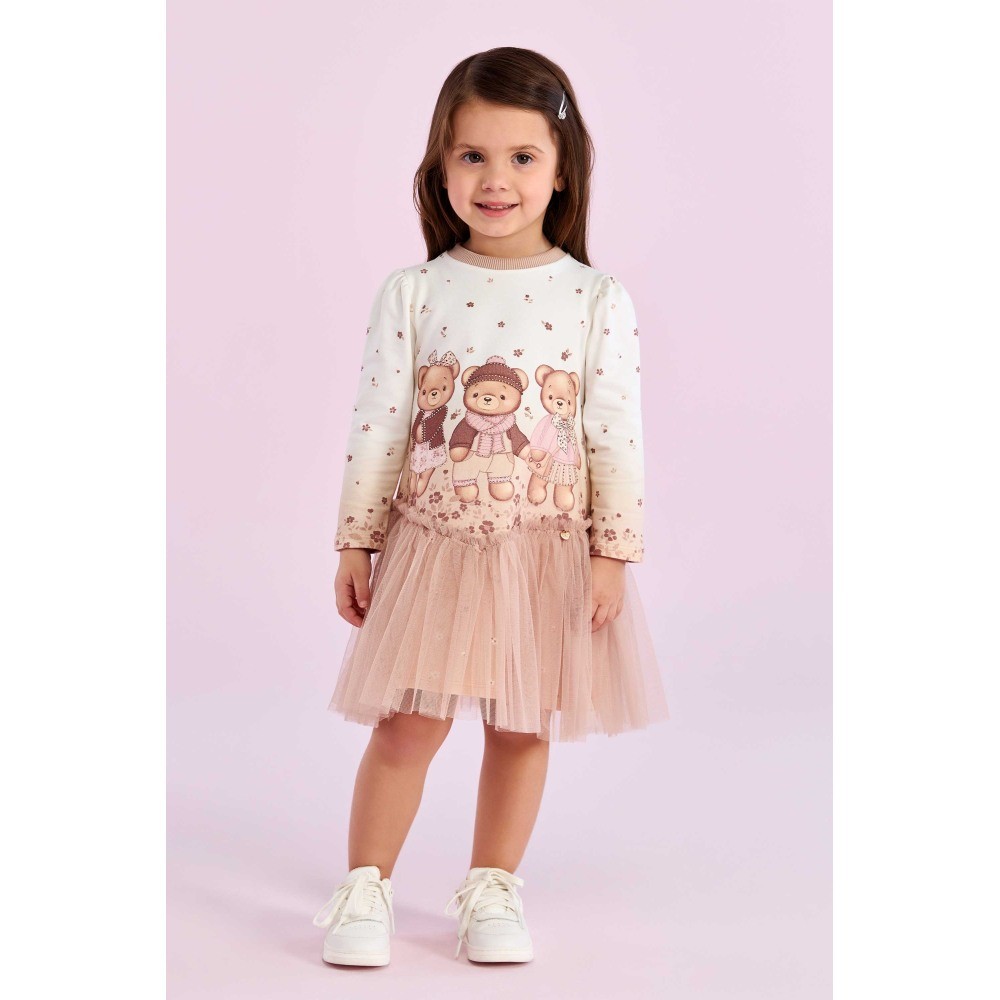 Vestido Stylish Bears em Algodão e Tule - Petit Cherie