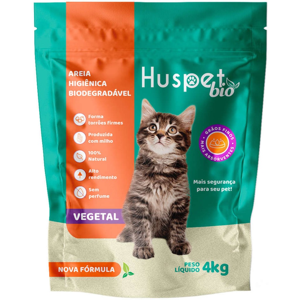 Areia Higiênica Vegetal Huspet 4kg – Biodegradável, absorvente e sem odor, ideal para gatos e pets pequenos