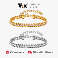 Pulseira De Corrente De Elo Cúbico De Zircônia Branca Com Contas De Azeitona De Fileira Dupla Vnox Para Mulheres , Aço I