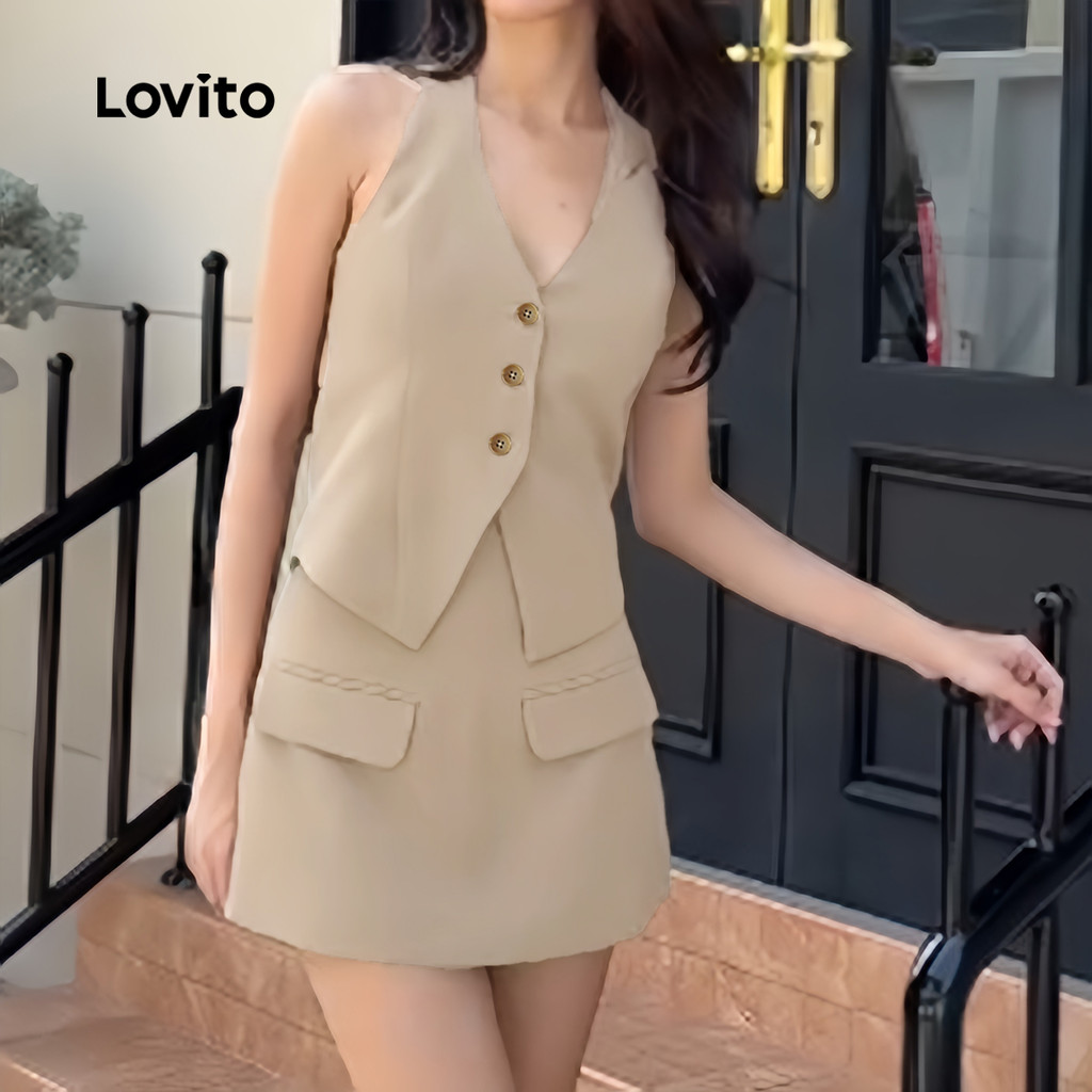 Detalhes do Lovito Conjunto de Saia Casual Botão Primavera/Verão Para Mulheres L128ED412