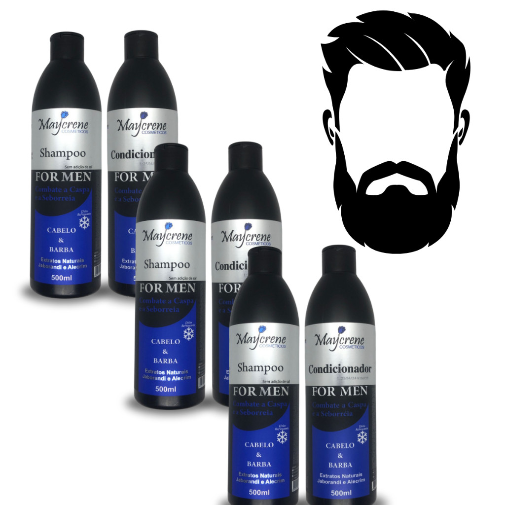 Kit 6 Produtos For Men -  3 Shampoo + 3 Condicionador - Maycrene Kit Cabelo e Barba Para Homens