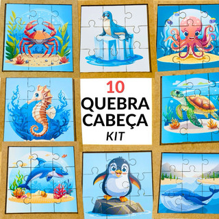 Kit 10 Quebra Cabeça Mdf 9 Peças Jogo Pedagógico Infantil Educativo Animais Marinhos