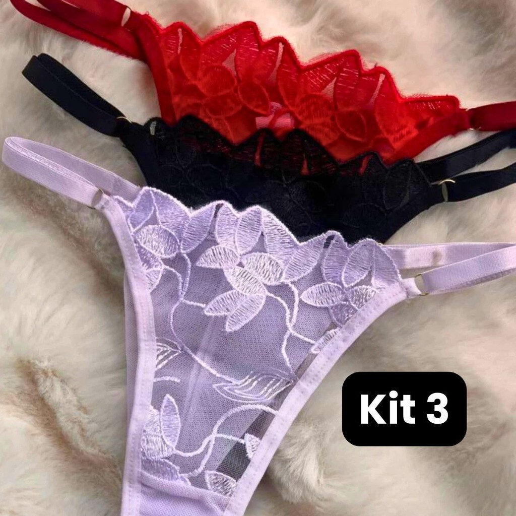 KIT 3 Calcinhas Tanga Tule Bordado Fio Duplo com Regulagem Luxo Lingerie Feminina em Oferta na Shopee