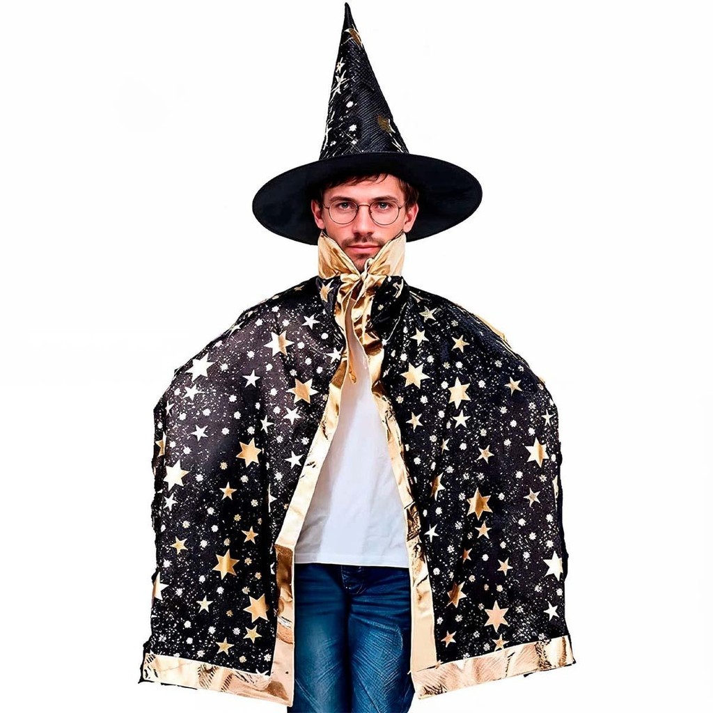 Kit Capa Com Chapéu De Mago Fantasia Halloween Adulto Dia Das Bruxas