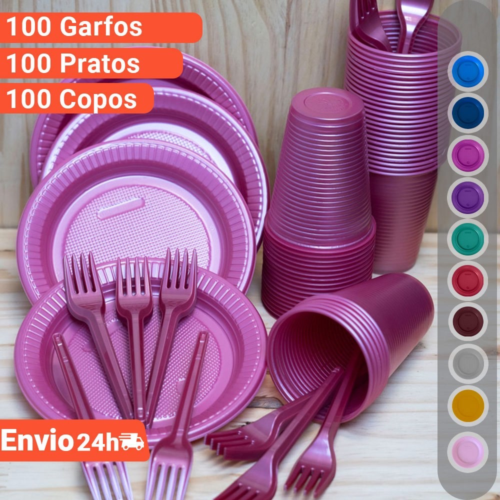 Kit Descartáveis Festa Perolado Luxo 100 Pessoas 300 Itens - Cores Padronizadas e Exclusivas