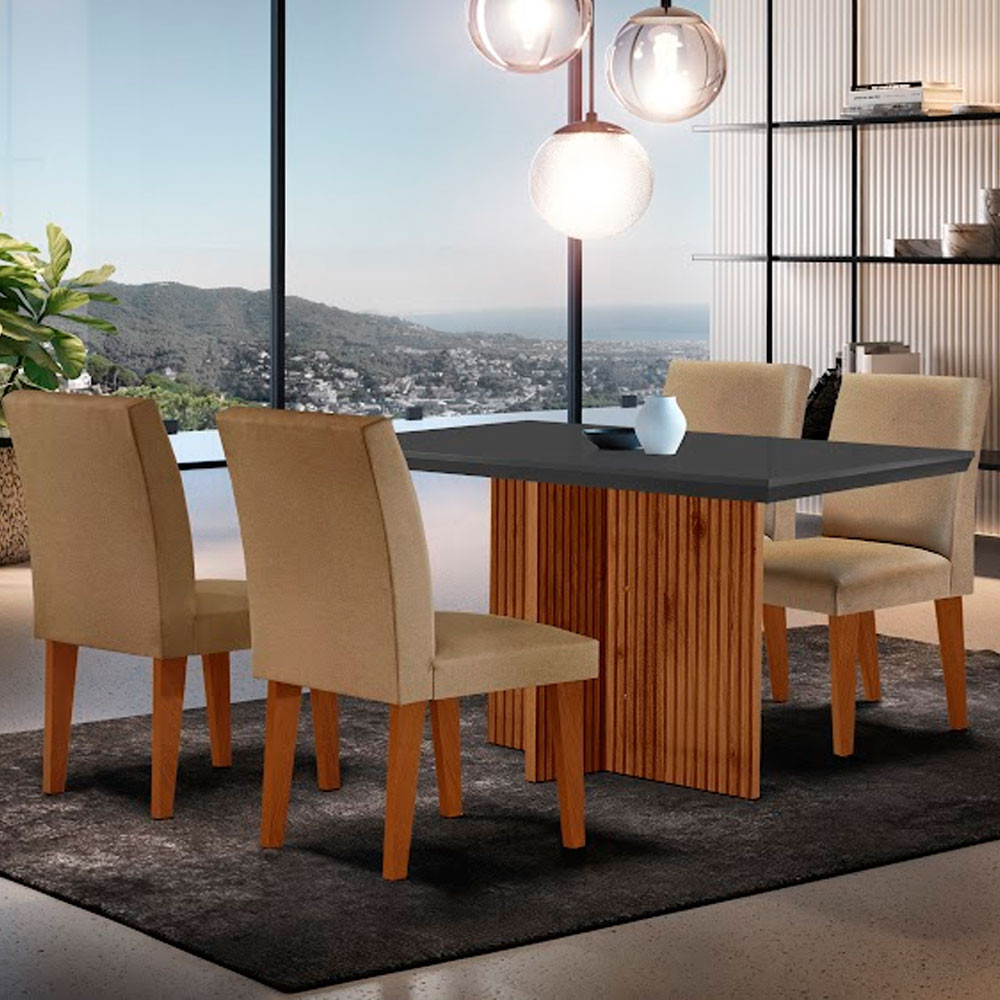 Sala de Jantar Mesa Olimpia 120 MDF Canto Reto com 4 Cadeiras Grecia - Home & Living