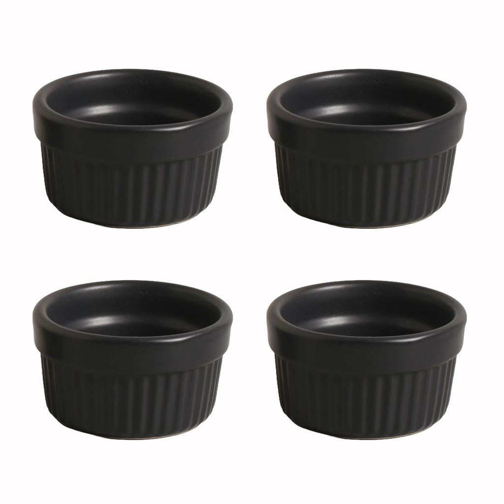Kit Ramequim de Cerâmica Molheira Porta Patê Canelado Cumbuca Preto Matte Fosco 100ml