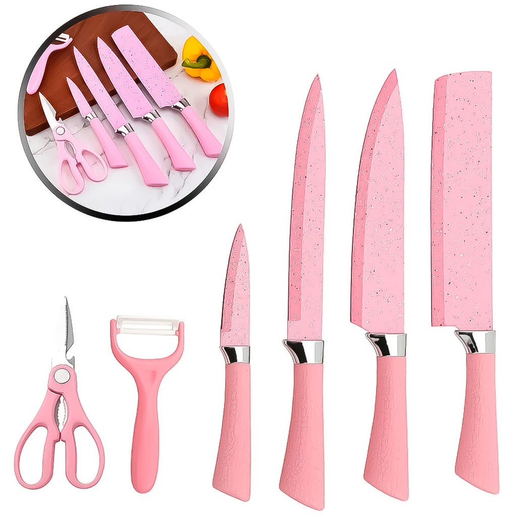 Conjunto De Facas 6 Peças Ralador Tesoura Rosa Premium em Oferta na Shopee
