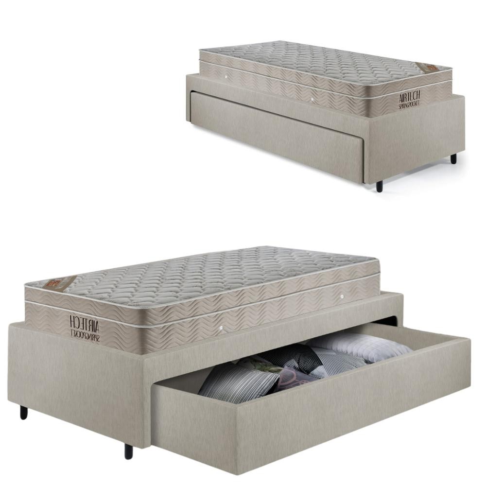 Cama Solteirão Sapateira Courino Linho Areia e Colchão Airtech Ortobom 96x203