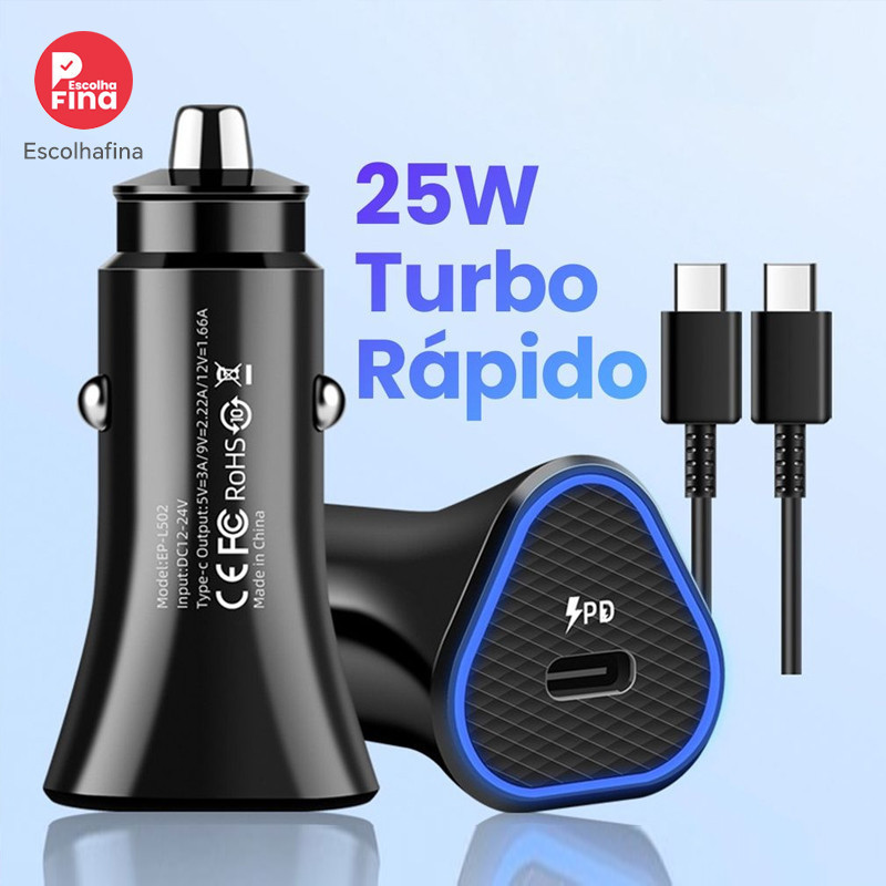 Carregador para Celular Veicular Carro Fonte entradas USB Turbo Rápido 25W Carregamento Rápido