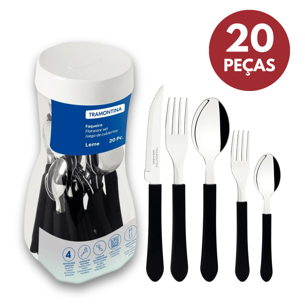 Faqueiro Jogo De Talheres Leme 20 Peças Tramontina Lâminas Em Aço Inox Cabo Polipropileno Brilho Cozinha