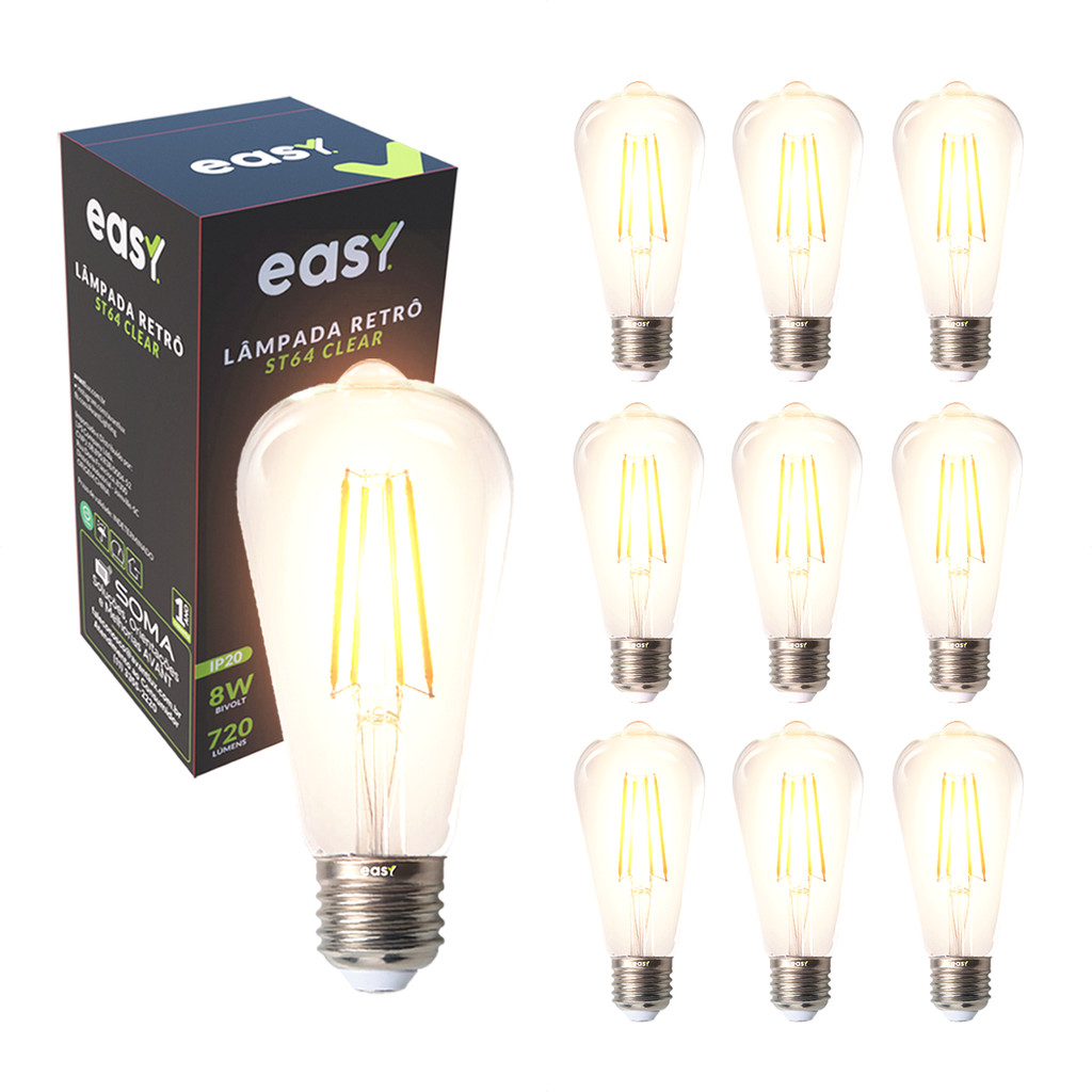 Kit 10 Lampadas Led ST64 Clear 8w 2400k E27 110v/220v Easy em Oferta na Shopee