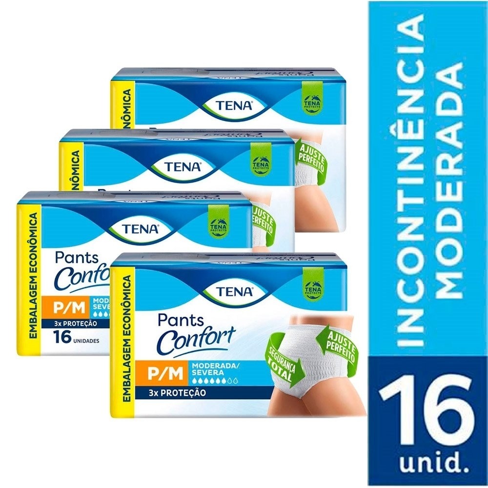Roupa Íntima Tena Pants Confort Tamanho P/M - 4 Pacotes com 16 Fraldas - Total 64 Tiras - Health