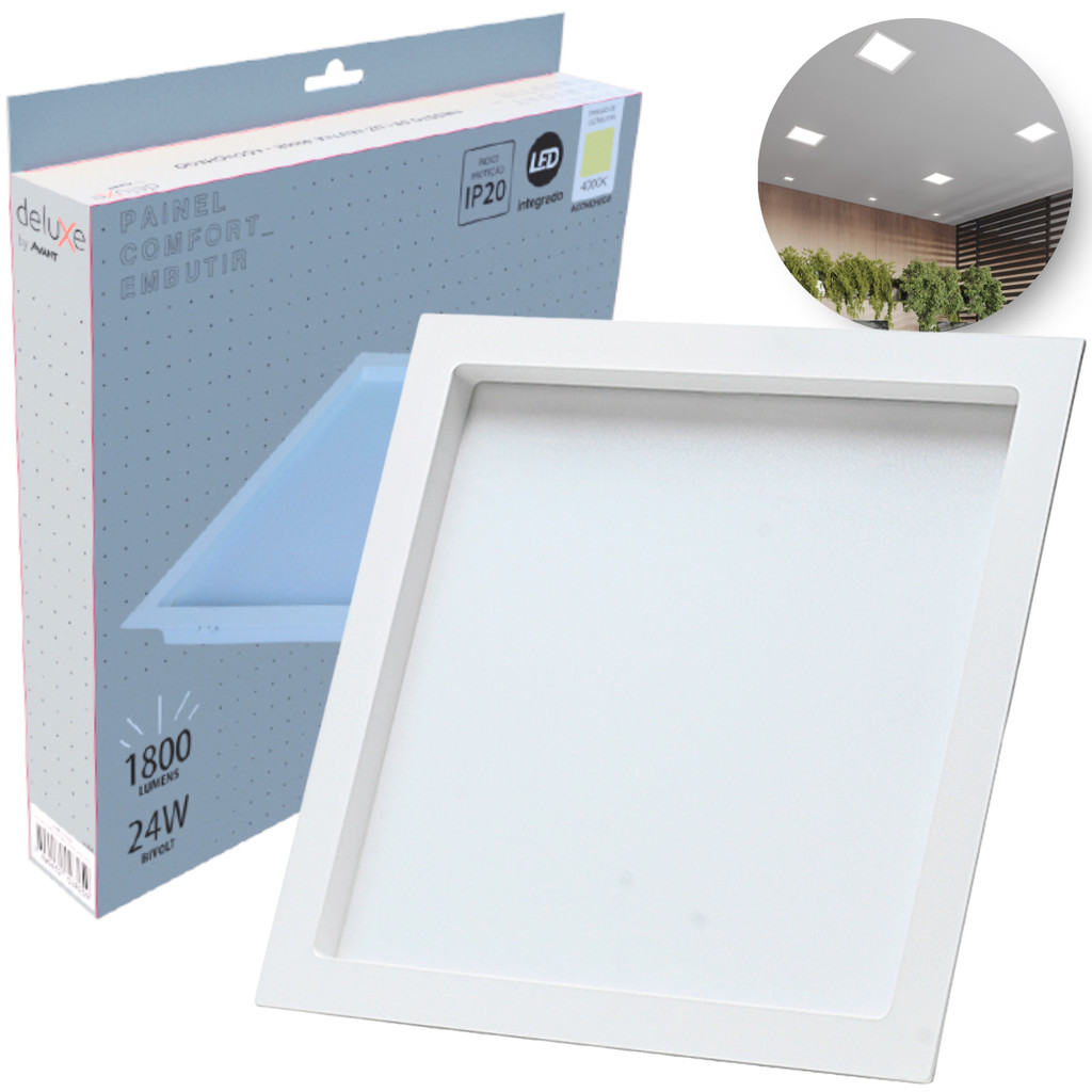 Painel Led Recuado 24w Quadrado 4000k Comfort Branco Neutro 26cm 110V/220V Bivolt Branco Fosco Cód: 908100875 - Deluxe em Oferta na Shopee