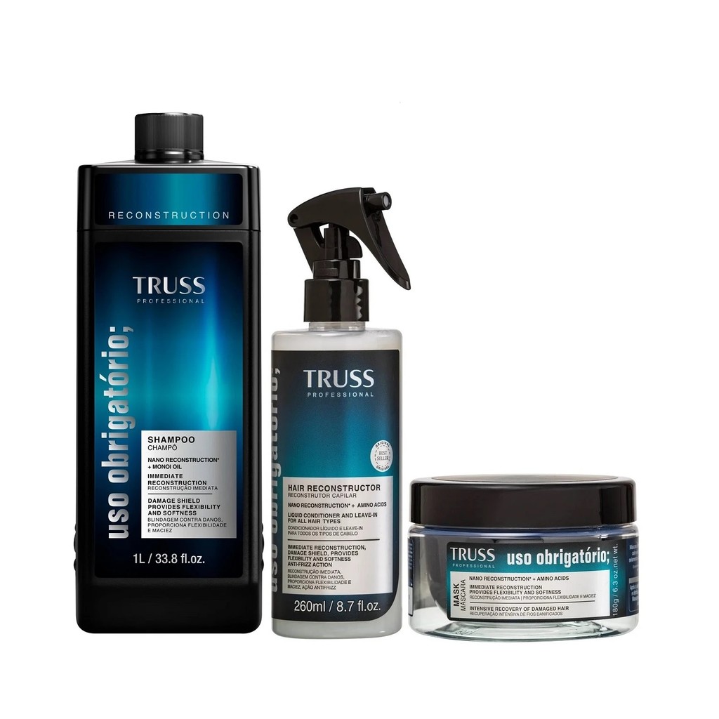 Kit TRUSS Uso Obrigatório Shampoo 1000ml + Máscara 180g + Spray Reconstrutor 260ml