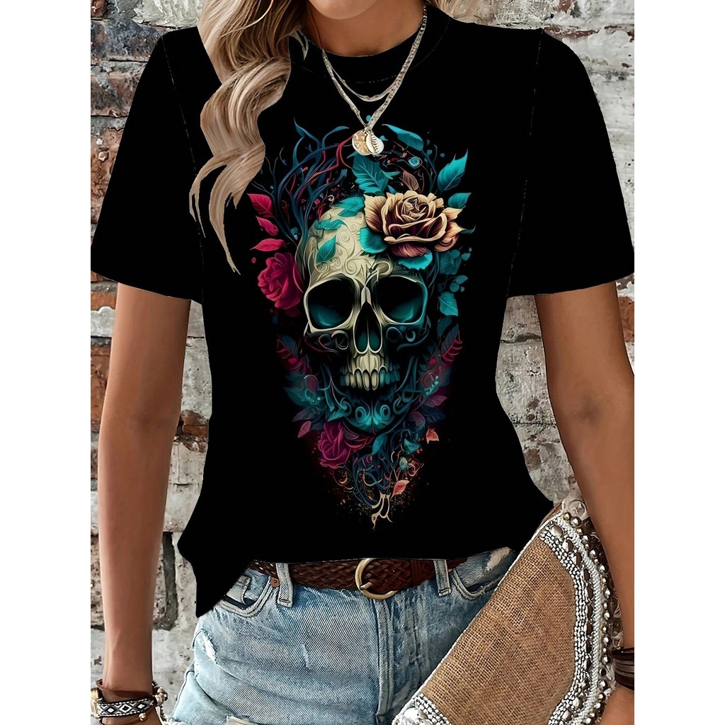 Camiseta Unissex Premium 100% Algodão Estampa Caveira Flores Florida Dark Envio Imediato em Oferta na Shopee