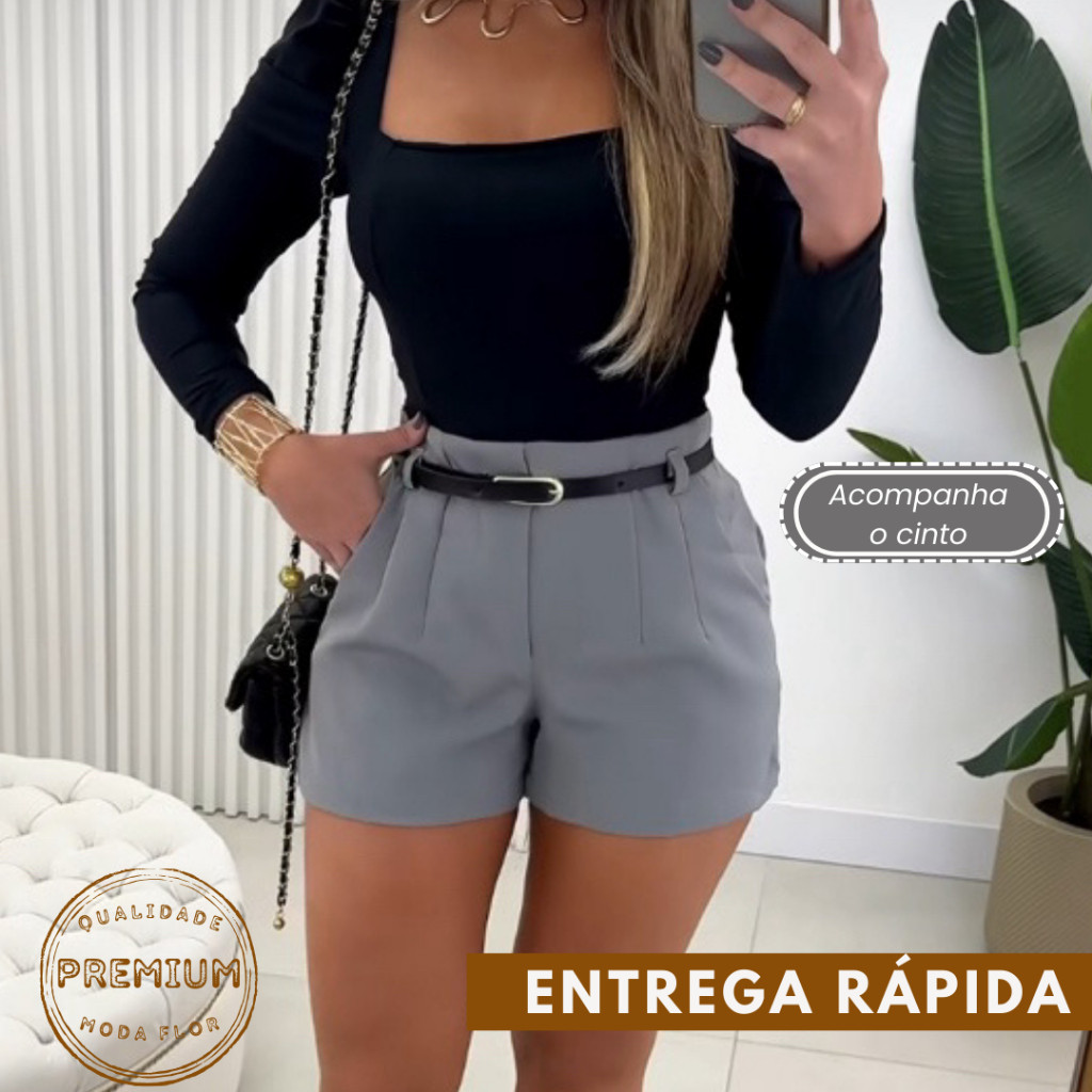 SHORTS FEMININO ALFAIATARIA COM CINTO E BOLSO CINTURA ALTA TENDÊNCIA VERÃO 2025 COM ZÍPER NA LATERAL