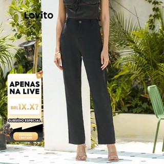 (LIVE STREAM SALE) Lovito Calça Lisa de Cintura Alta e Perna Reta L02067 (Preto) em Oferta na Shopee